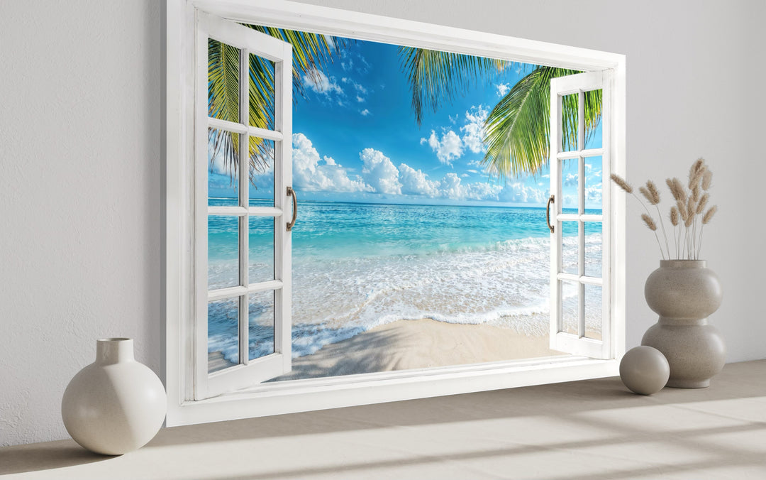 Tropical Beach Open Window View Canvas Wall Art