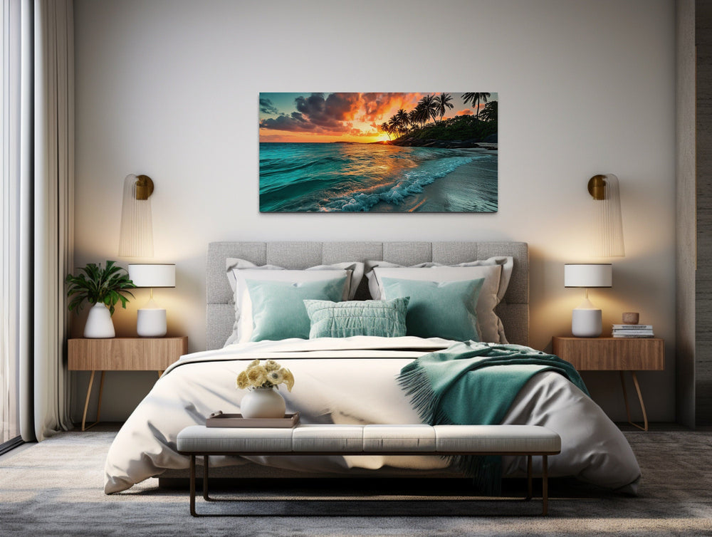 Tropical Beach Sunset Painting Coastal Framed Canvas Wall Art