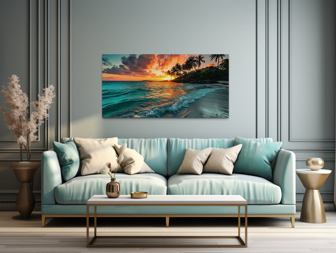 Tropical Beach Sunset Painting Coastal Framed Canvas Wall Art