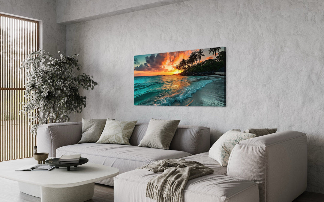 Tropical Beach Sunset Painting Coastal Framed Canvas Wall Art