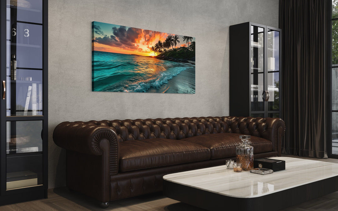 Tropical Beach Sunset Painting Coastal Framed Canvas Wall Art