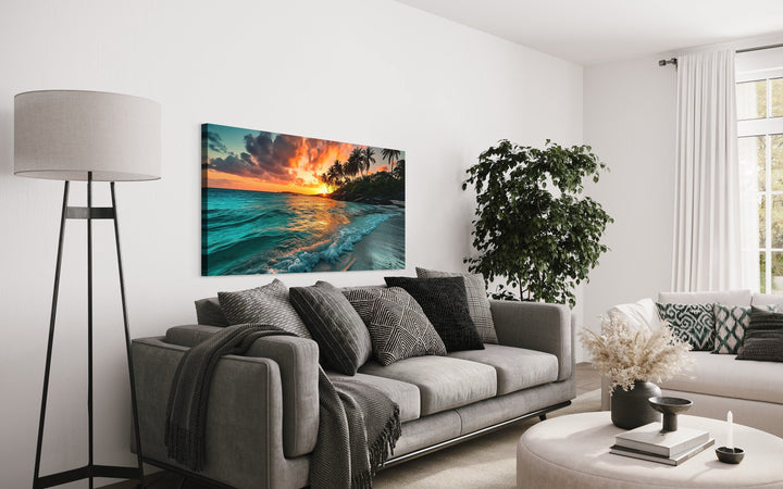 Tropical Beach Sunset Painting Coastal Framed Canvas Wall Art