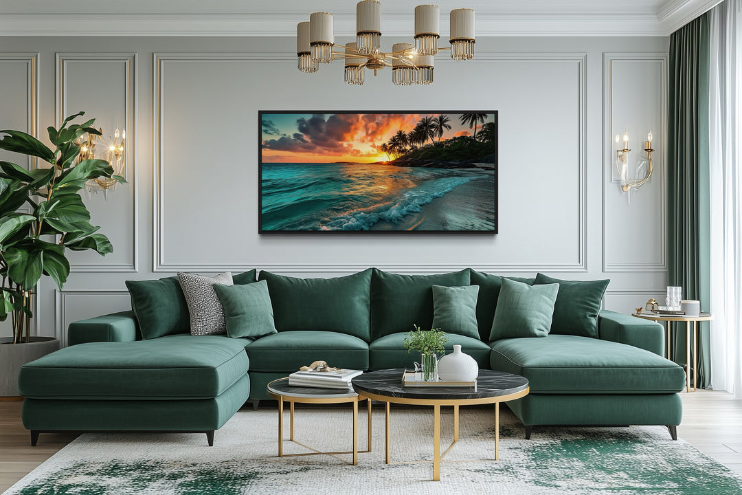 Tropical Beach Sunset Painting – Coastal Wall Art | Framed Canvas for Beach House Decor