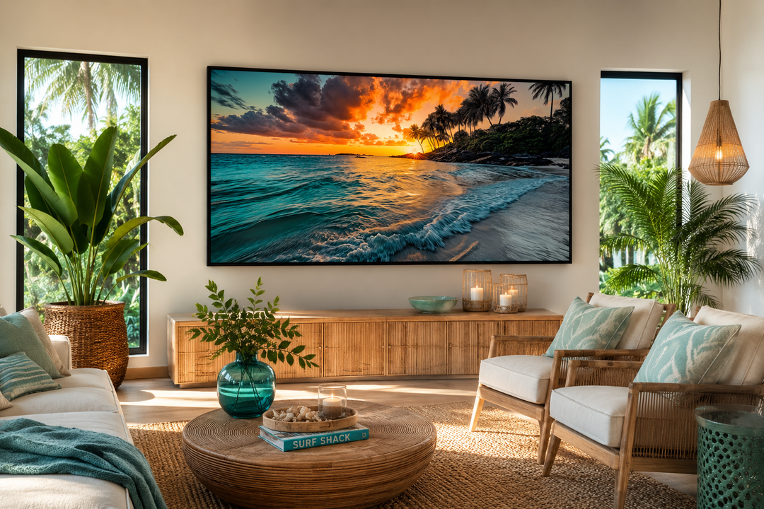 Large framed canvas wall art of a tropical beach sunset above a wooden console in a coastal room.