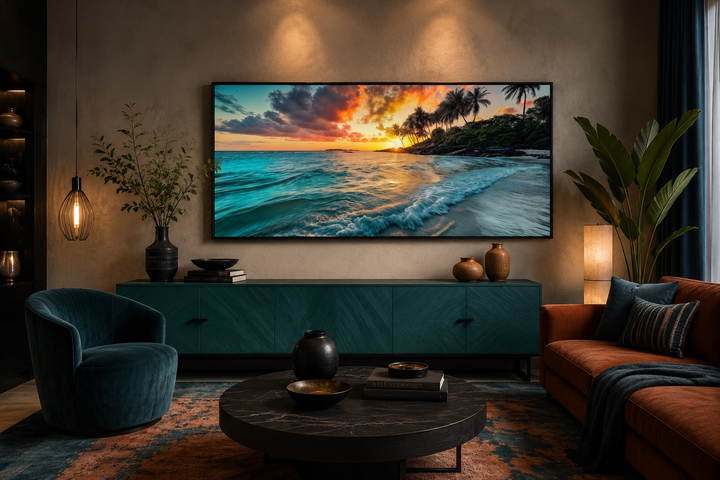 Framed canvas wall art of a tropical beach sunset with palm trees above a teal sideboard.