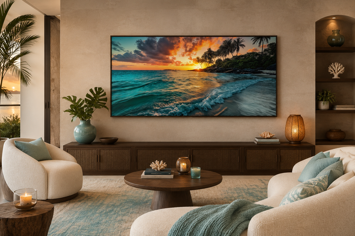 Framed canvas wall art of a tropical beach sunset with palm trees and waves in a living room.