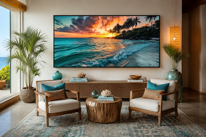 Tropical beach sunset painting in a black frame above a wooden console in a coastal living room.