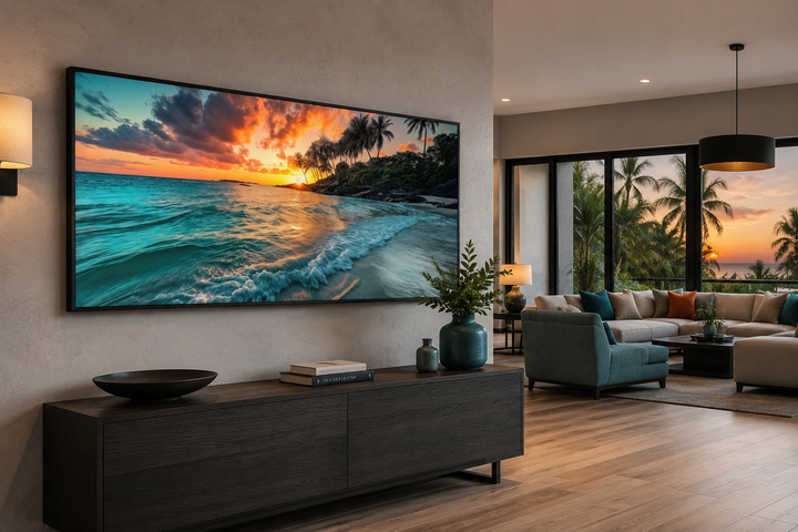 Framed horizontal canvas painting of a tropical beach sunset with palm trees in a living room.