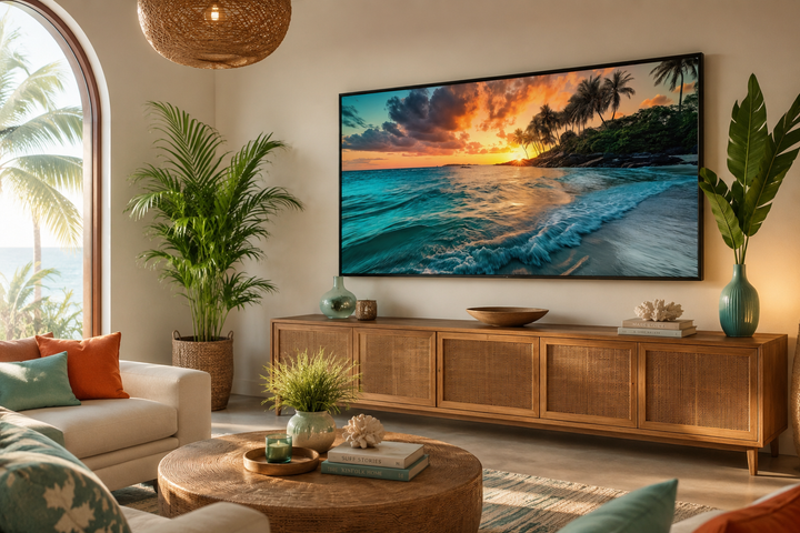 Framed horizontal canvas painting of a tropical beach sunset with palm trees and ocean waves.
