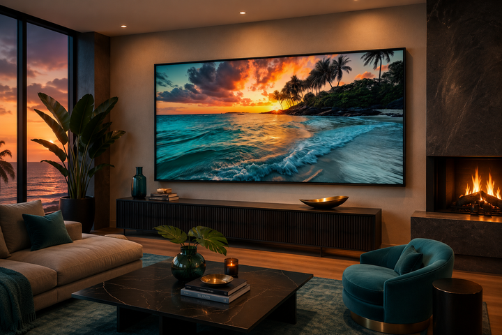 Large framed canvas painting of a tropical beach sunset with palm trees in a modern living room.