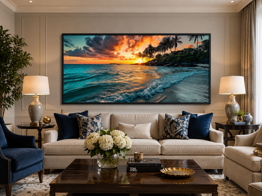 Large framed canvas painting of a tropical beach sunset above a sofa in a living room.