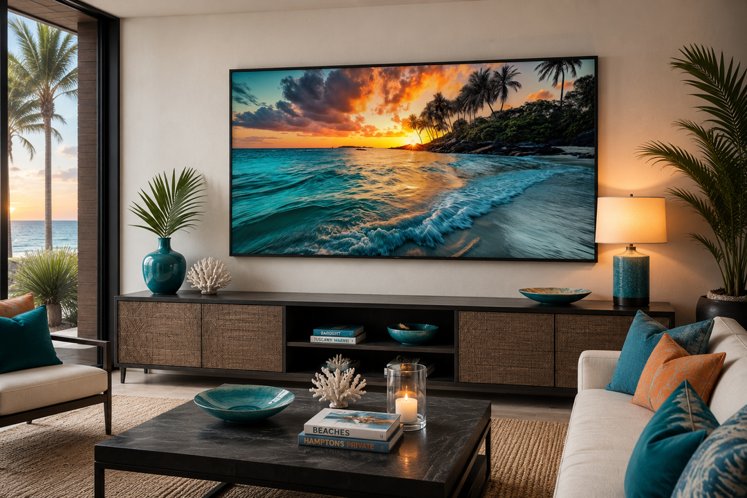 Framed horizontal canvas painting of a tropical beach sunset with palm trees over a living room console.