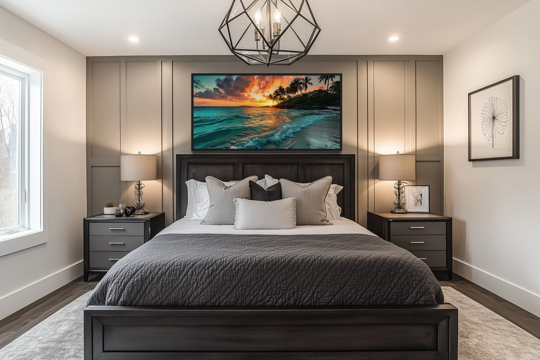 Tropical Beach Sunset Painting – Coastal Wall Art | Framed Canvas for Beach House Decor