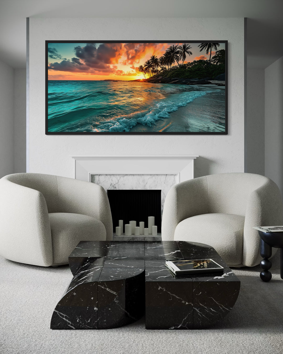 Framed horizontal canvas painting of a tropical beach sunset above a white fireplace mantel.