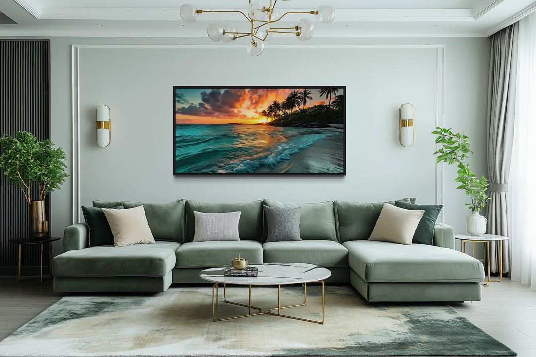 Tropical Beach Sunset Painting – Coastal Wall Art | Framed Canvas for Beach House Decor