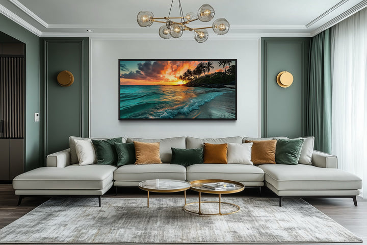 Tropical Beach Sunset Painting – Coastal Wall Art | Framed Canvas for Beach House Decor