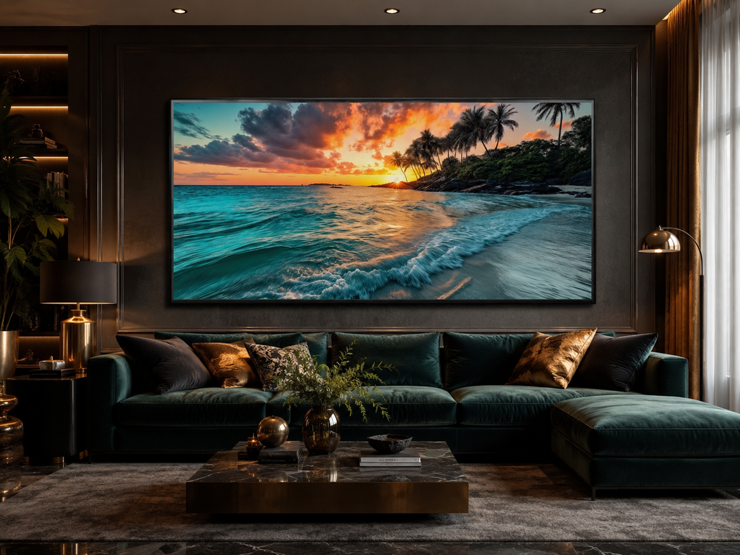 Framed horizontal canvas painting of a tropical beach sunset above a dark green velvet sofa.