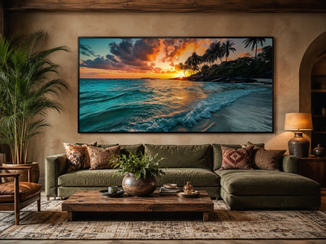 Large horizontal framed canvas painting of a tropical beach sunset above a green sofa.