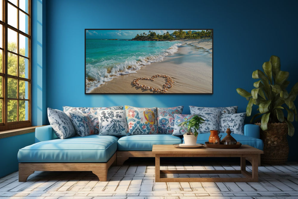 Tropical Beach With Heart Shaped Seashells Romantic Framed Canvas Wall Art