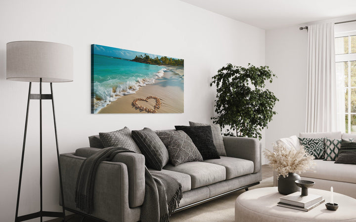 Tropical Beach With Heart Shaped Seashells Romantic Framed Canvas Wall Art