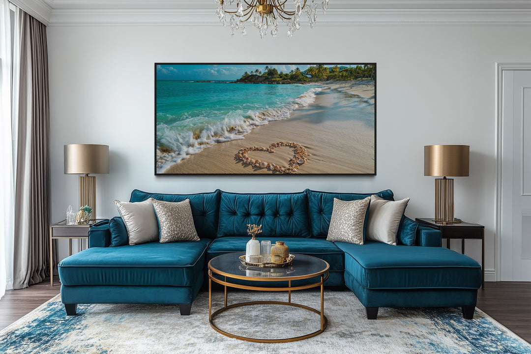 Tropical Beach With Heart Shaped Seashells Romantic Framed Canvas Wall Art