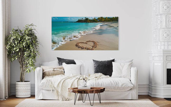 Tropical Beach With Heart Shaped Seashells Romantic Framed Canvas Wall Art