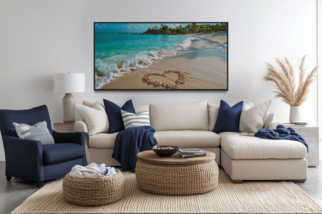 Tropical Beach With Heart Shaped Seashells Romantic Framed Canvas Wall Art