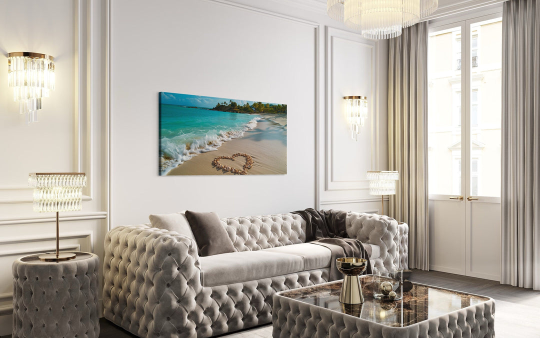 Tropical Beach With Heart Shaped Seashells Romantic Framed Canvas Wall Art