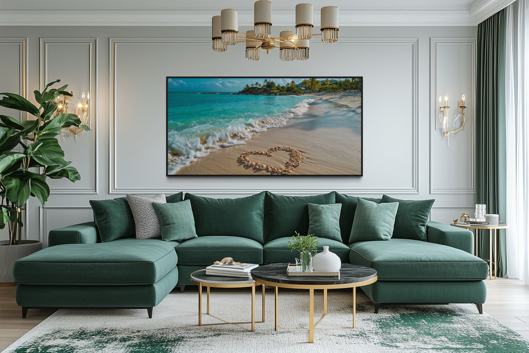 Tropical Beach With Heart Shaped Seashells Romantic Framed Canvas Wall Art