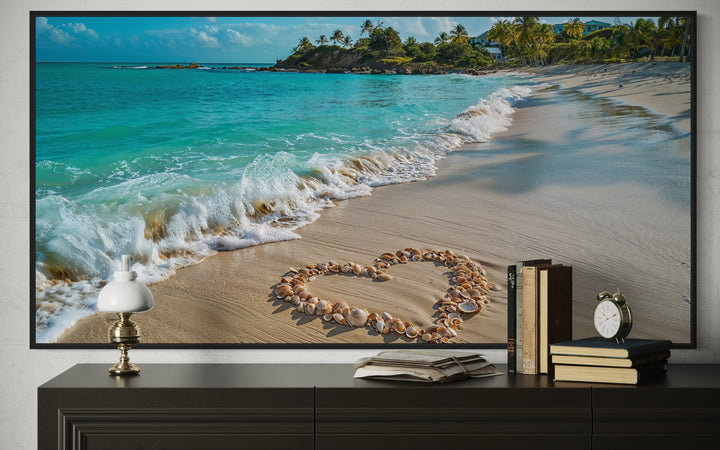 Tropical Beach With Heart Shaped Seashells Romantic Framed Canvas Wall Art