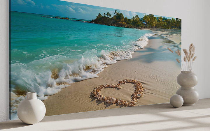 Tropical Beach With Heart Shaped Seashells Romantic Framed Canvas Wall Art