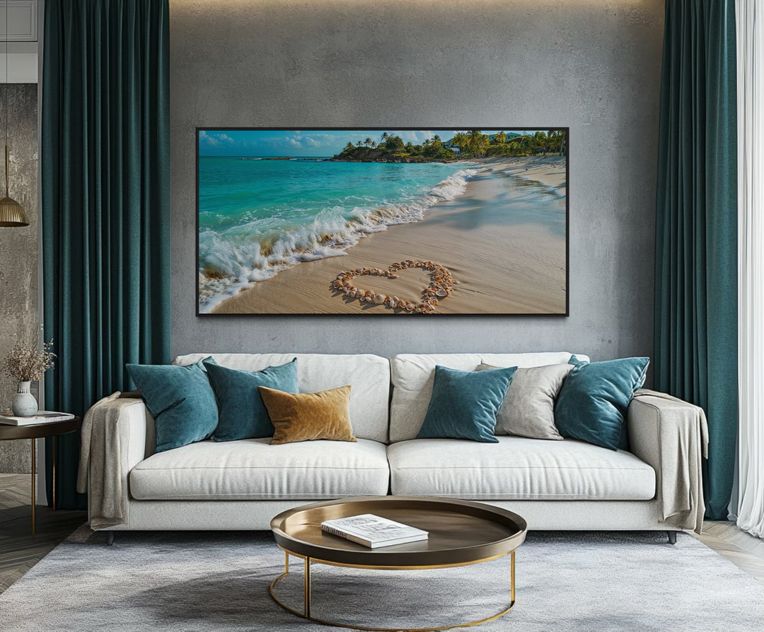 Tropical Beach With Heart Shaped Seashells Romantic Framed Canvas Wall Art