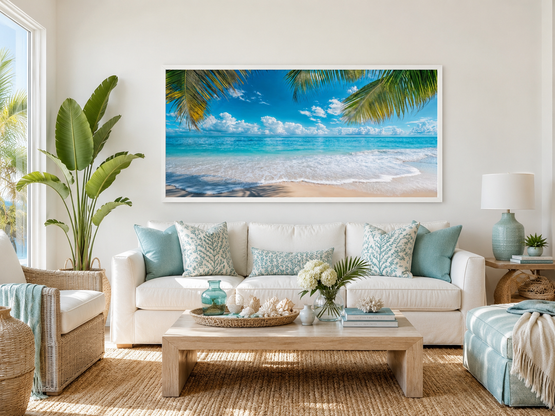 Tropical beach framed canvas wall art with palm trees above a white sofa in a coastal living room.