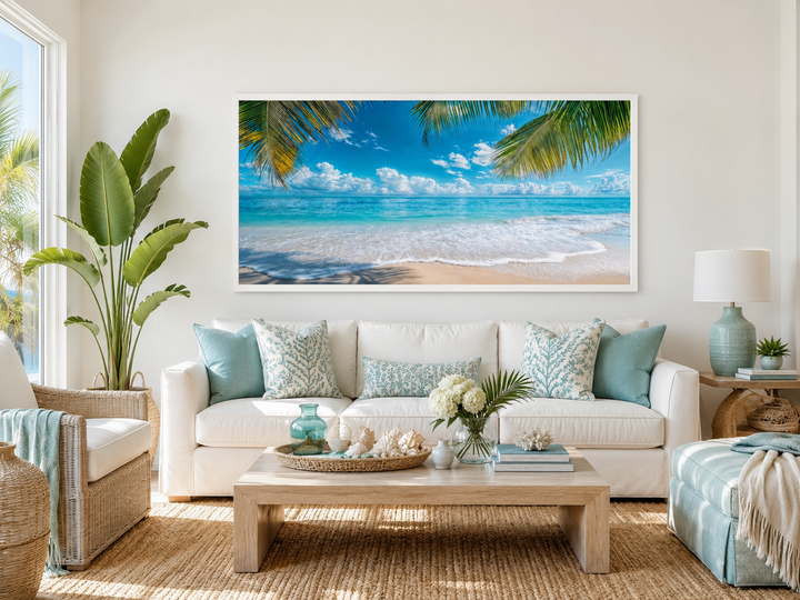 Tropical beach framed canvas wall art with palm trees above a white sofa in a coastal living room.