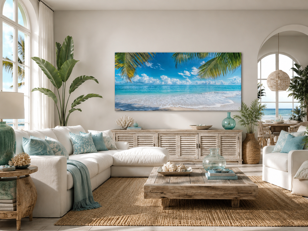 Tropical Beach With Palm Trees Framed Canvas Wall Art above a white sectional in a coastal room.