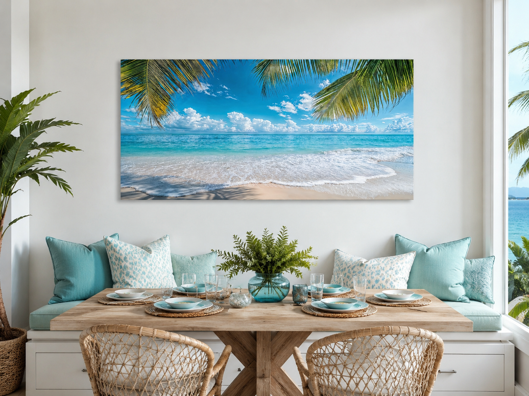 Tropical beach canvas wall art with palm trees and turquoise ocean over a coastal dining area.