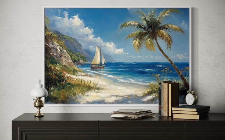 Tropical Beach With Sailboat And Palm Tree Coastal Framed Canvas Wall Art