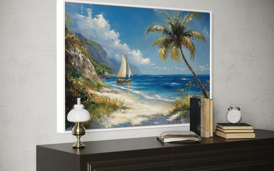 Tropical Beach With Sailboat And Palm Tree Coastal Framed Canvas Wall Art