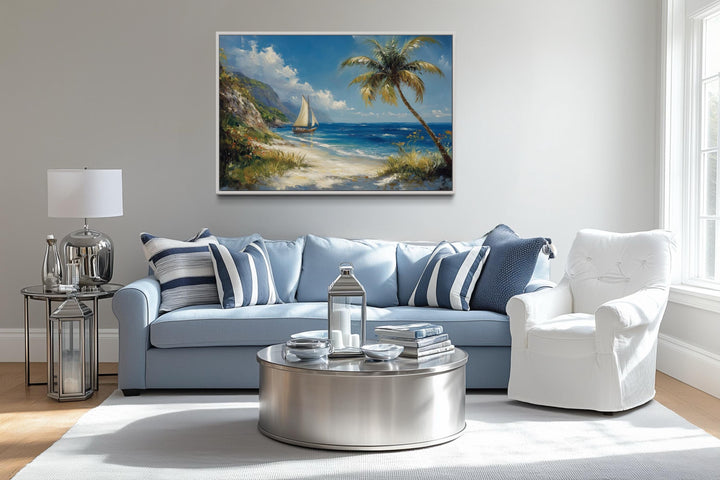 Tropical Beach With Sailboat And Palm Tree Coastal Framed Canvas Wall Art