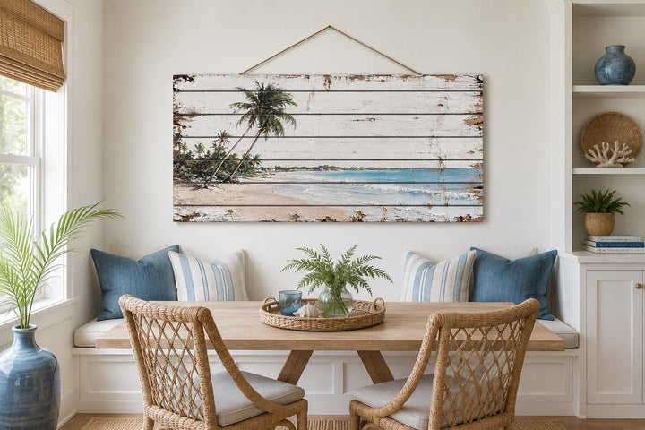 Tropical beach with palm trees distressed wood wall art hanging above a coastal dining nook.