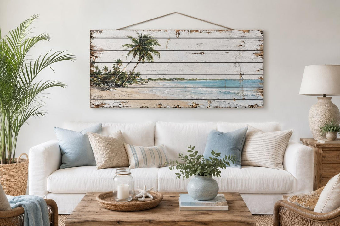 Tropical beach with palm trees on distressed whitewashed wood planks with a rope hanger.