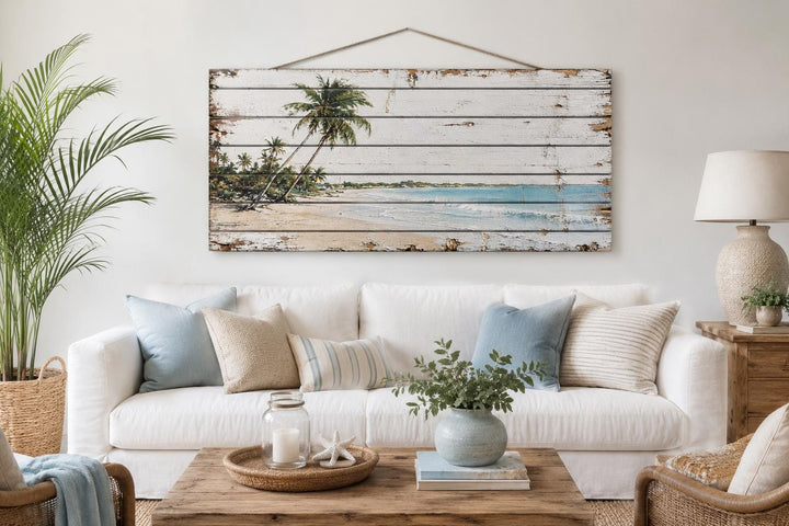Tropical beach with palm trees on distressed whitewashed wood planks with a rope hanger.