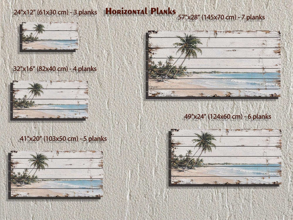 Size chart for tropical beach palm tree wall art on horizontal wood planks in five various sizes.