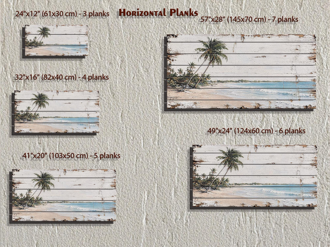Size chart for tropical beach palm tree wall art on horizontal wood planks in five various sizes.