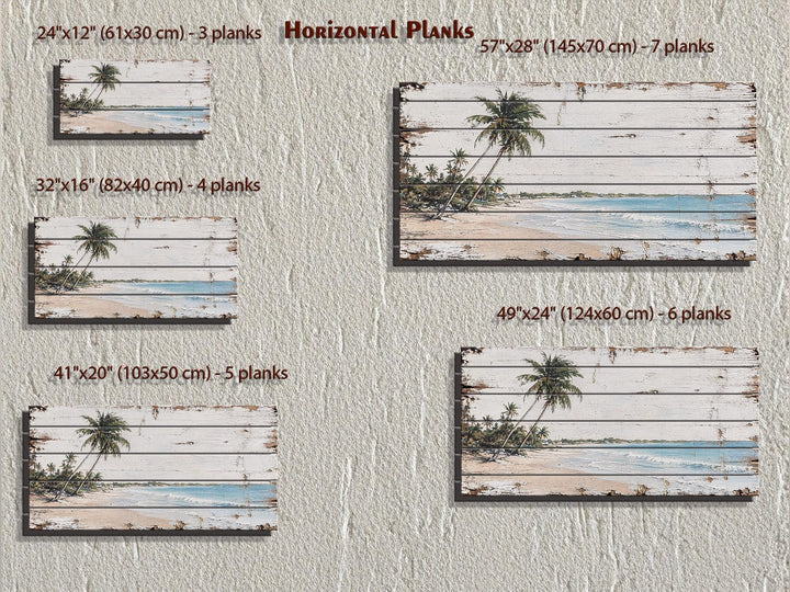 Size chart for tropical beach palm tree wall art on horizontal wood planks in five various sizes.