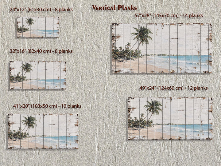 Tropical beach with palm trees distressed wood wall art in five vertical plank size options.