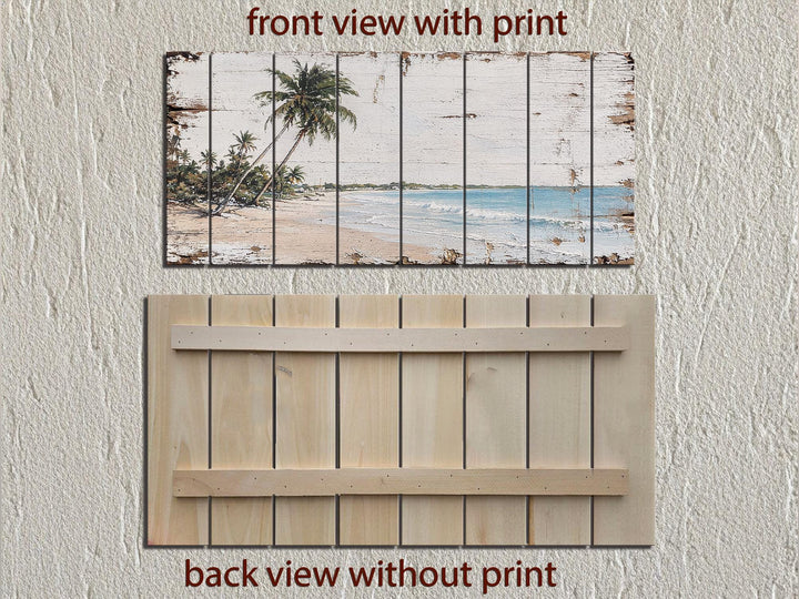 Front and back views of a tropical beach scene printed on distressed, whitewashed wood planks.