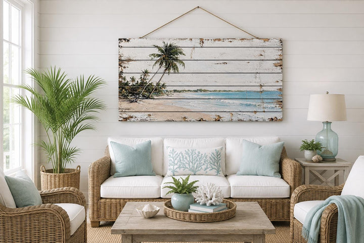 Tropical beach with palm trees on distressed whitewashed wood wall art in a coastal living room.