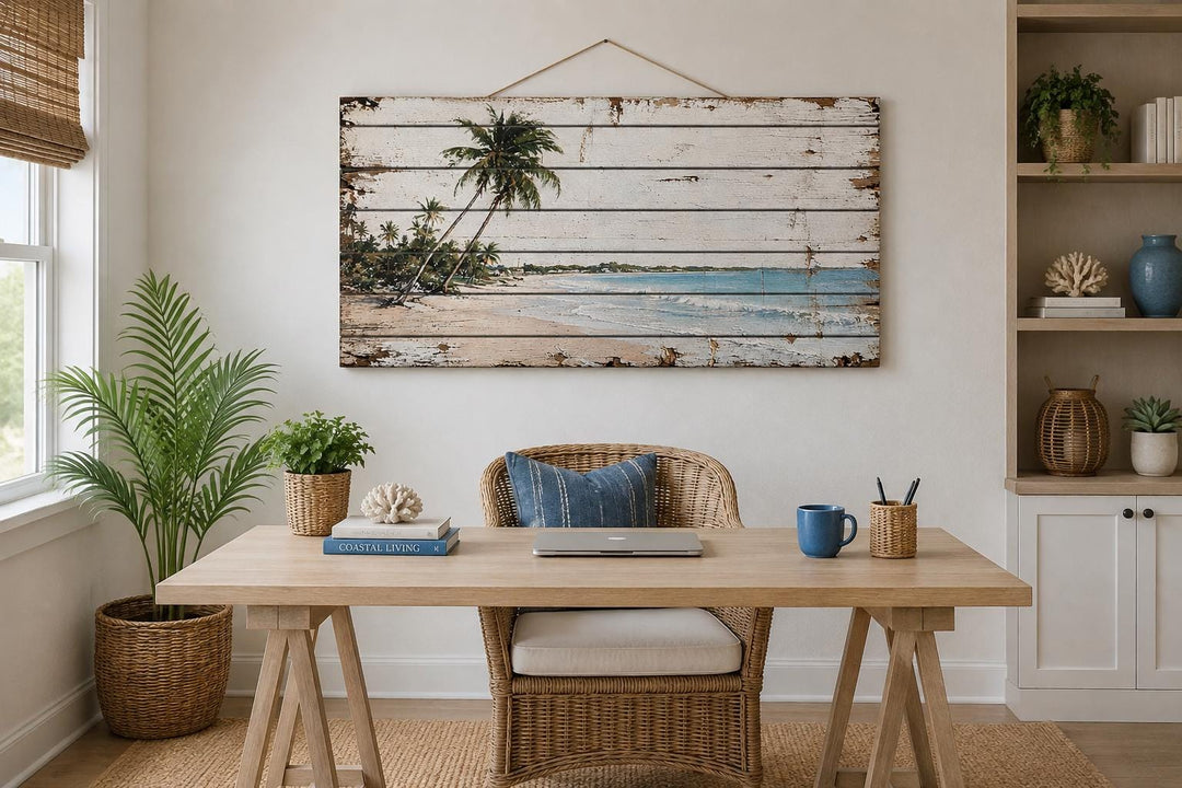 Tropical beach with palm trees distressed wood wall art hanging above a desk in a coastal office.