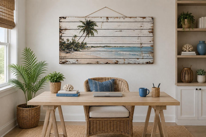 Tropical beach with palm trees distressed wood wall art hanging above a desk in a coastal office.